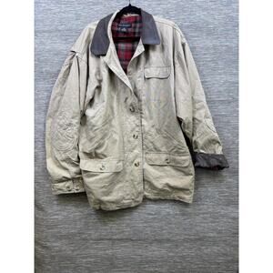 Old School Jacket Mens 2XL Beige Canvas Leather Collar Plaid Lined Field Outdoor